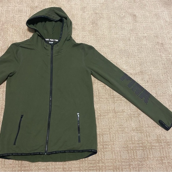 {Victoriaβs Secret | PINK} Green Hooded Zip Up Sweatshirt ~ Size Small - Picture 3 of 16